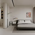 Minimalist Bedroom Interior Design With Platform Bed Area Rug Floor Lamp And Colorful Wall Art