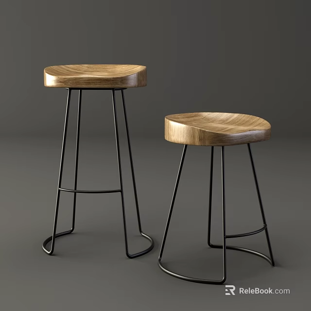 Two Modern Bar Stools With Wooden Seats And Black Metal Legs Design 3d model 