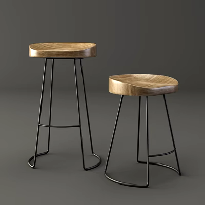 Two Modern Bar Stools With Wooden Seats And Black Metal Legs Design 3d model