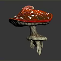 Vibrant Red Mushroom With White Spots And Root Like Structure On Black Background 3d model