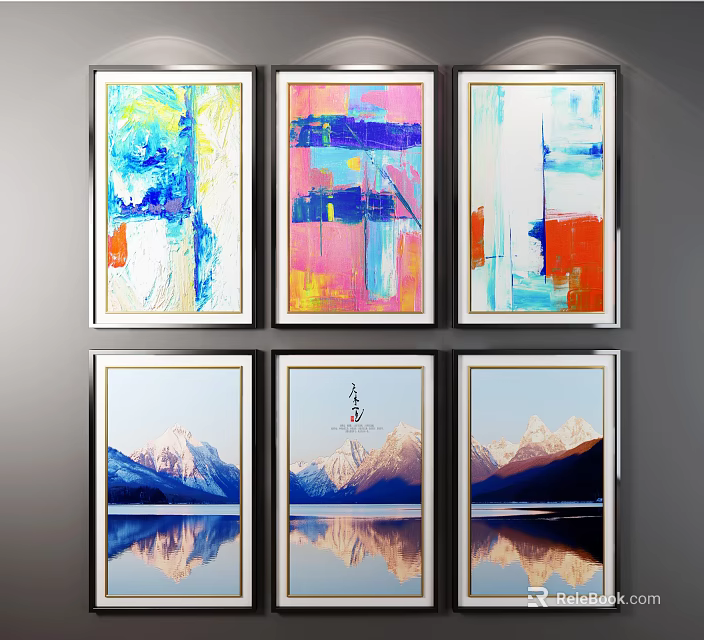 Scenic Mountain Landscape Paintings With Water Reflections And Framed Wall Art 3d model 