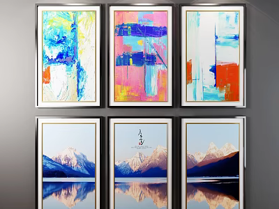 Scenic Mountain Landscape Paintings With Water Reflections And Framed Wall Art 3d model