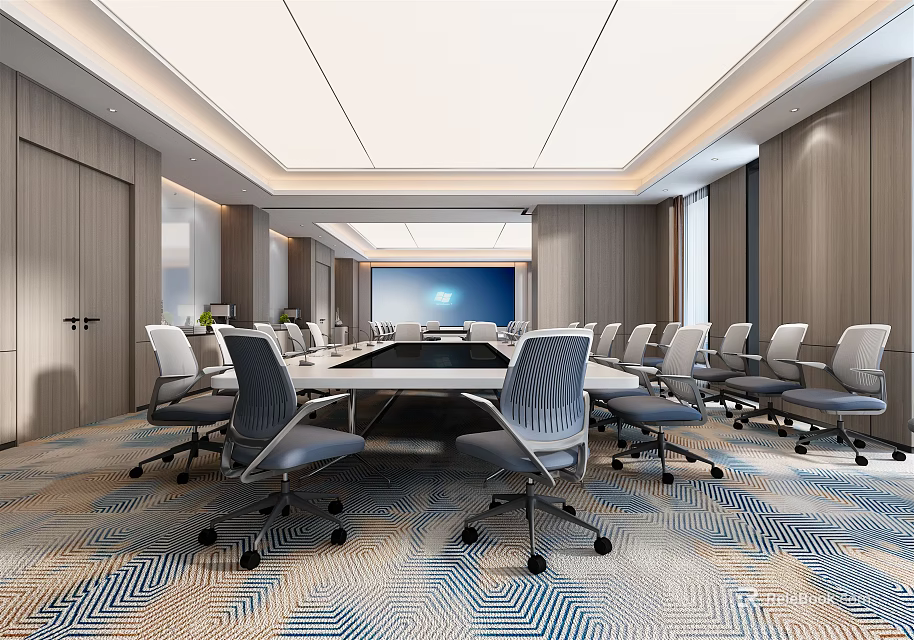 Modern Conference Room Interior With Large Table Comfortable Chairs And Projection Screen 3d model