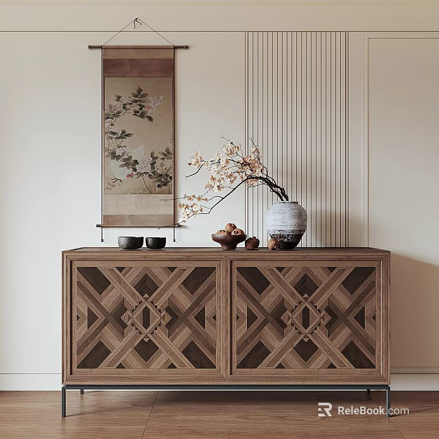 Wooden Entryway Console Cabinet With Geometric Pattern Doors Vase Small Bowls And Fruits On Top 3d model 