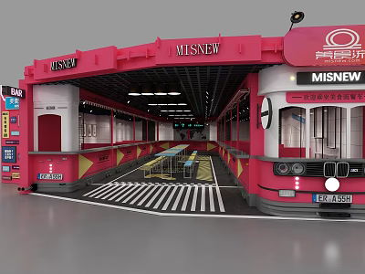 MISNEW Station Style Restaurant With Red Building Yellow Tables And Food Paradise 3d model