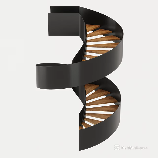 Modern Spiral Staircase With Black Metal Frame And Wooden Steps Design 3d model 