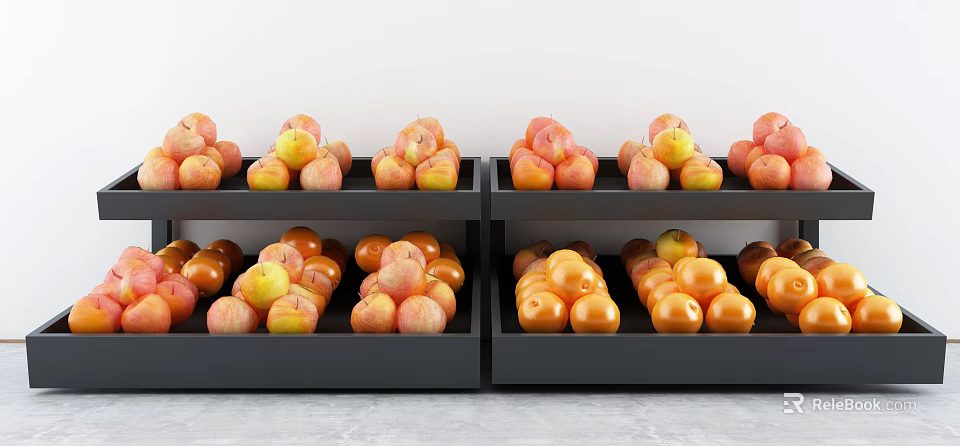 Fresh Fruits Neatly Arranged in Black Trays Apples Oranges Colorful Orderly for Display Sale 3d model 