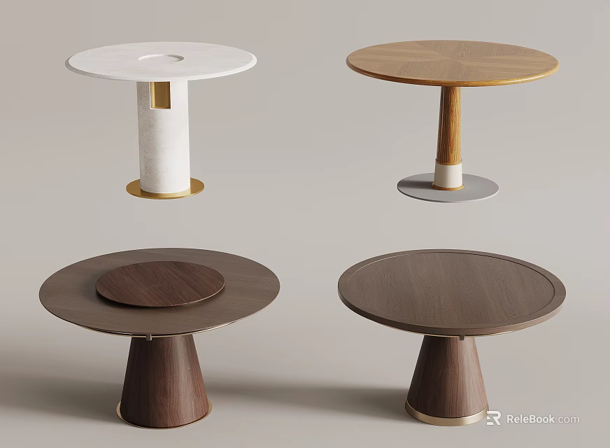 Modern Round Tables With White Stone Light Wood Dark Wood And Cylindrical Bases 3d model 
