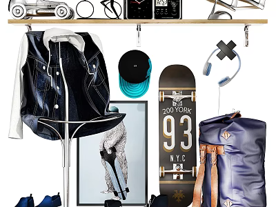 Stylish Fashion Doll Featuring Leather Jacket Skateboard Headphones And Backpack Accessories 3d model