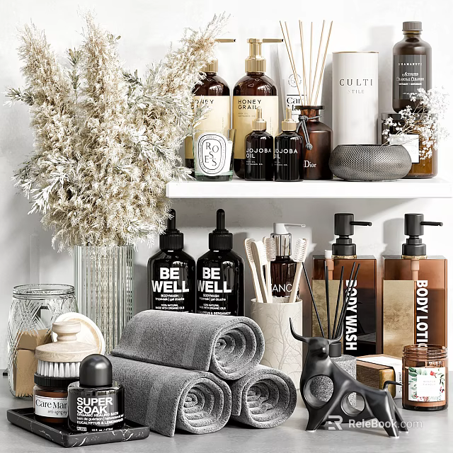 Stylish Bathroom Accessories With Rolled Towels Aromatherapy Bottles Soap Dispensers And Storage 3d model 