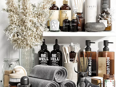Stylish Bathroom Accessories With Rolled Towels Aromatherapy Bottles Soap Dispensers And Storage 3d model