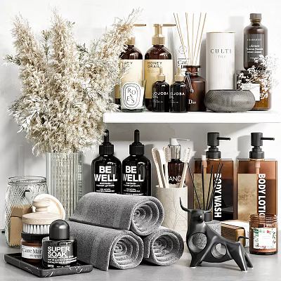 Stylish Bathroom Accessories With Rolled Towels Aromatherapy Bottles Soap Dispensers And Storage 3d model