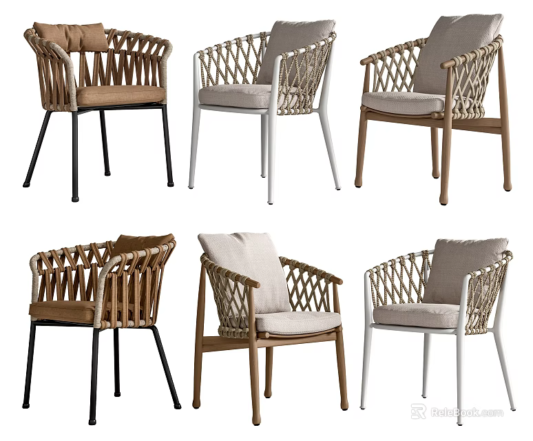 Leisure Chairs with Wicker Design Armrests Black White Wooden Frames and Beige Brown Cushions 3d model 