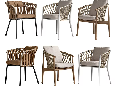 Leisure Chairs with Wicker Design Armrests Black White Wooden Frames and Beige Brown Cushions 3d model