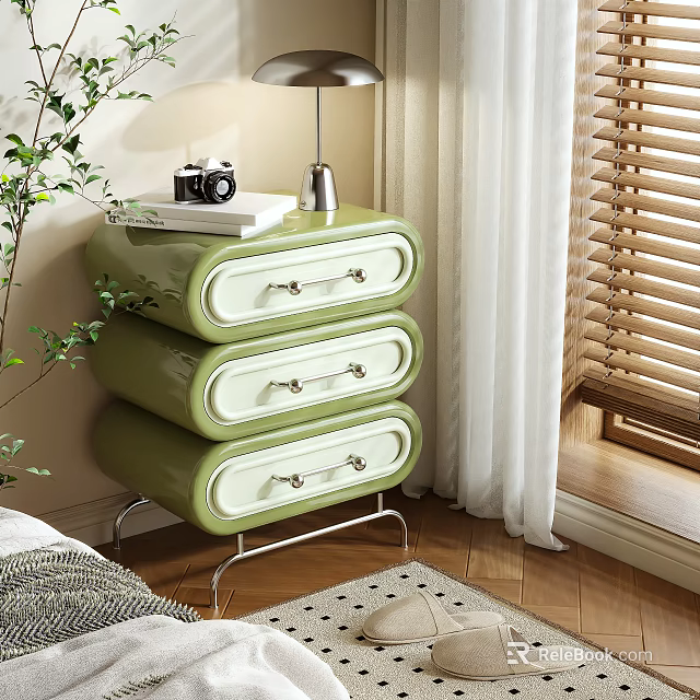 Green Nightstand With Three Drawers White Handles And Potted Plant Camera Lamp Near Curtains 3d model 