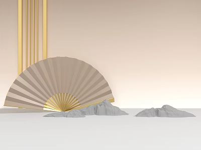 Stage with Gold Vertical Stripes Beige Background Large Beige Folding Fan and Gray Rock Models 3d model