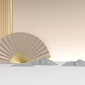 Stage with Gold Vertical Stripes Beige Background Large Beige Folding Fan and Gray Rock Models