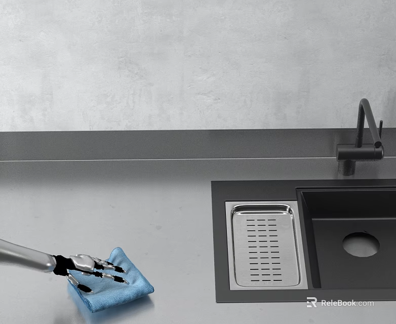 Smart Robot Cleaning Kitchen Sink With Blue Cloth And Stainless Steel Surface In Modern Kitchen 3d model 