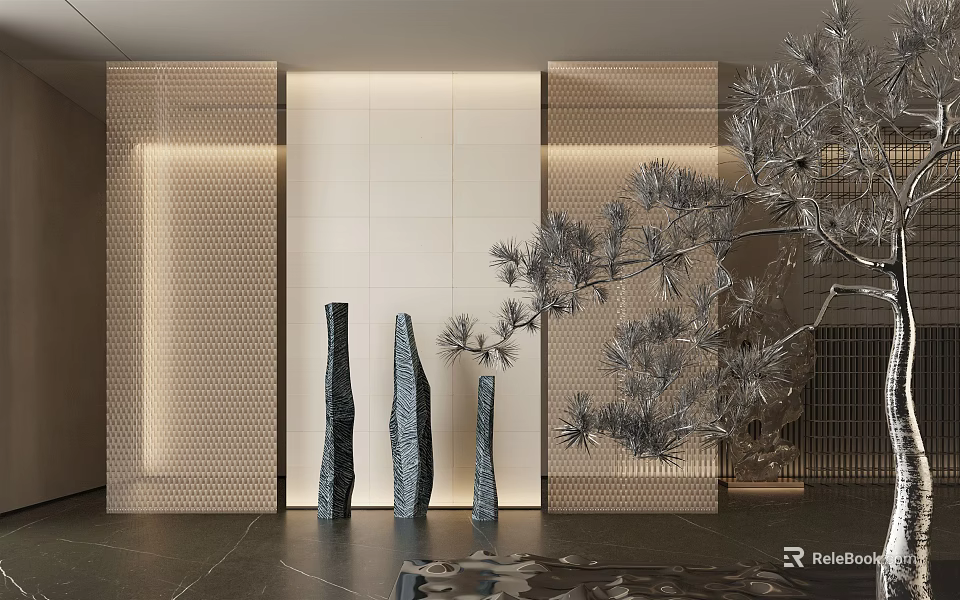 Three Dark Vertical Sculptures With Perforated Wall Background Soft Lighting And Metal Pine Decoration 3d model 