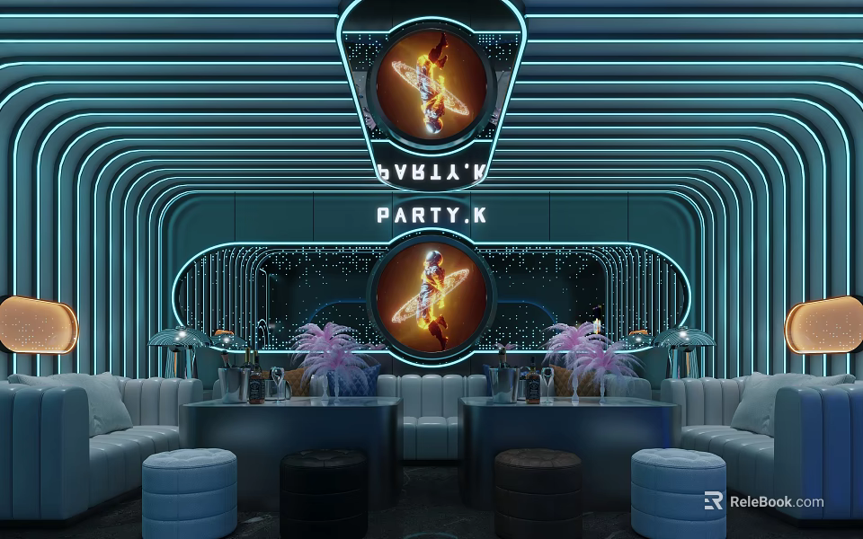 Modern KTV Interior With Neon Lights Curved Design Seating Area And Decorative Plants 3d model 