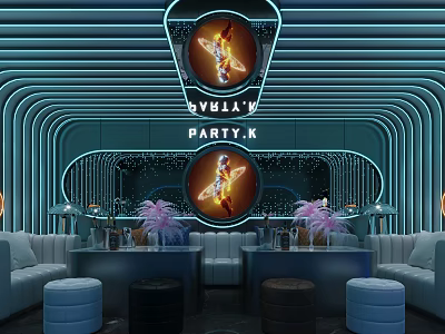 Modern KTV Interior With Neon Lights Curved Design Seating Area And Decorative Plants 3d model