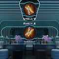 Modern KTV Interior With Neon Lights Curved Design Seating Area And Decorative Plants
