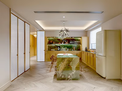 Modern Kitchen and Dining Room Interior With Marble Island Counter Chandelier Cabinets Herringbone Flooring 3d model