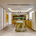 Modern Kitchen and Dining Room Interior With Marble Island Counter Chandelier Cabinets Herringbone Flooring