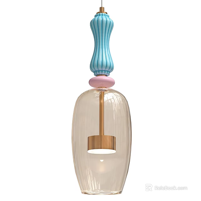 Modern Pendant Light with Turquoise Pink Accents Transparent Glass Bulb Shade and Golden Metal 3d model 