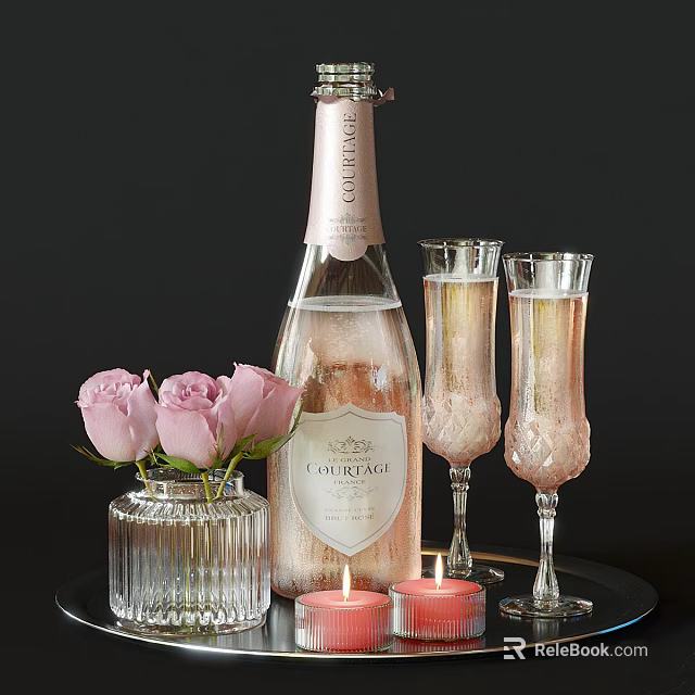 Pink Champagne Bottle And Flute Glasses With Roses And Candles 3d model 