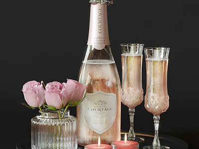 Pink Champagne Bottle And Flute Glasses With Roses And Candles 3d model