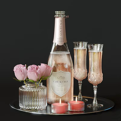 Pink Champagne Bottle And Flute Glasses With Roses And Candles 3d model
