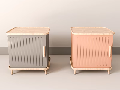 Modern Gray and Pink Bedside Tables With Vertical Striped Doors And Wooden Legs 3d model