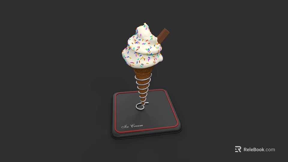 Ice Cream Cone With Whipped Cream Colorful Sprinkles Chocolate Stick On Black Base Le Rêve 3d model 