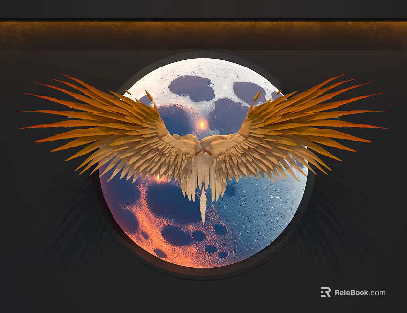 Circular Wall Decor With Moon Pattern And Orange Wings In Blue Pink Hues 3d model 