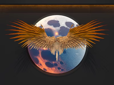 Circular Wall Decor With Moon Pattern And Orange Wings In Blue Pink Hues 3d model