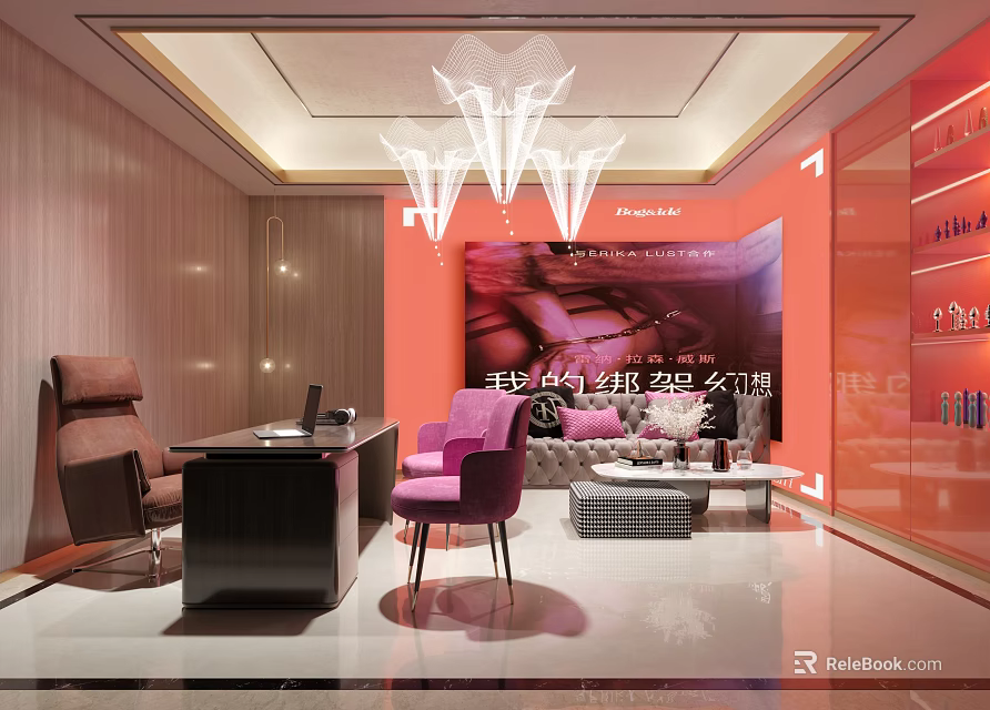 Modern Luxury Store Interior Design With Pink Sofa Brown Chair Red Wall And Display Cabinets 3d model 