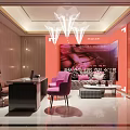 Modern Luxury Store Interior Design With Pink Sofa Brown Chair Red Wall And Display Cabinets