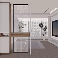 Modern Hallway With Wooden Console Table Vase Green Plant Metal Screen And Living Room View
