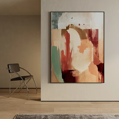 Abstract Painting On Beige Wall In Modern Room With Black Chair And Colorful Brush Strokes 3d model