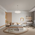 Modern Minimalist Bedroom Interior Design With Bed Pendant Light Desk Chair And Wooden Floor