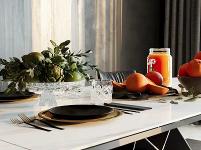 Fresh Fruits Arrangement on Modern Kitchen Dining Table With Oranges Apples Juice Jar and Cutlery 3d model