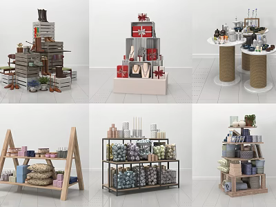 Wooden and metal display shelves with multi-tiered design for retail showcasing various products 3d model