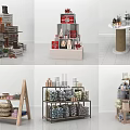 Wooden and metal display shelves with multi-tiered design for retail showcasing various products