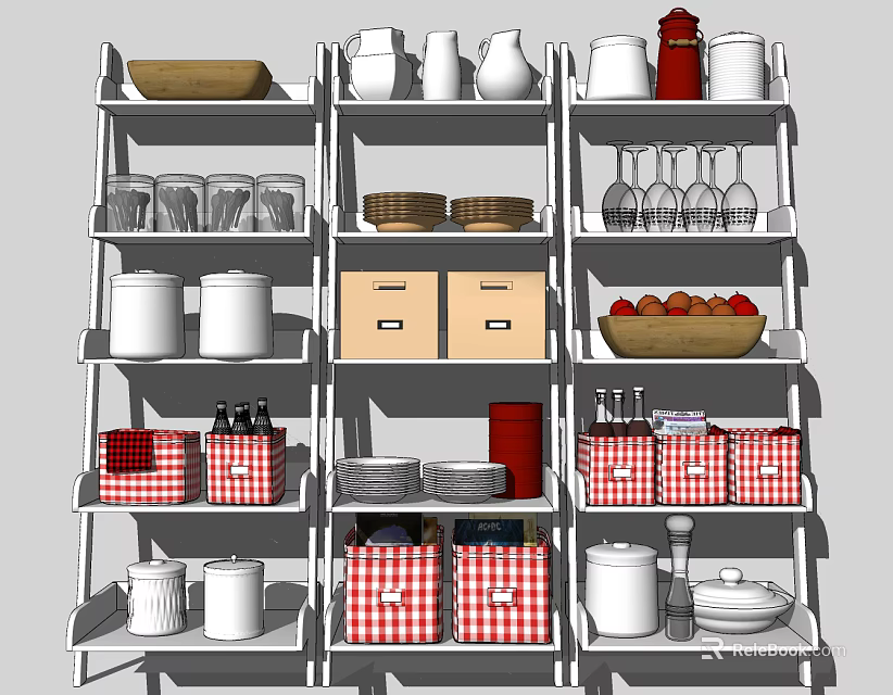 Organized Storage Shelving Unit With Jars Glasses Baskets Bowls And Fruits 3d model 