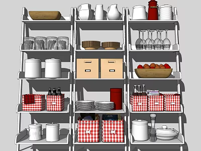 Organized Storage Shelving Unit With Jars Glasses Baskets Bowls And Fruits 3d model