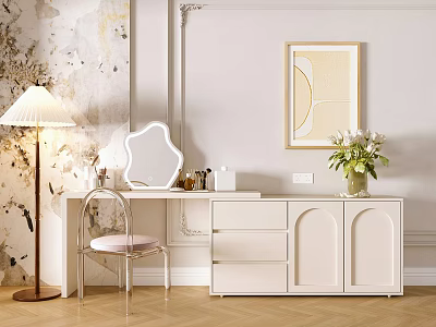 Chic Dressing Table with Decorative Mirror Stylish Chair Floor Lamp and Wall Art 3d model