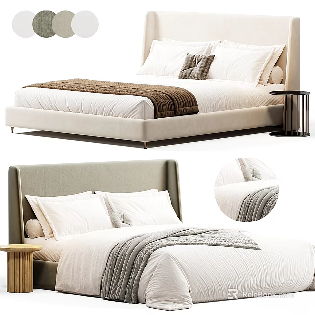 Modern Bed With Beige Upholstered Headboard White Bedding And Wooden Nightstand 3d model 