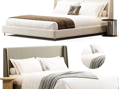 Modern Bed With Beige Upholstered Headboard White Bedding And Wooden Nightstand 3d model