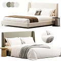Modern Bed With Beige Upholstered Headboard White Bedding And Wooden Nightstand